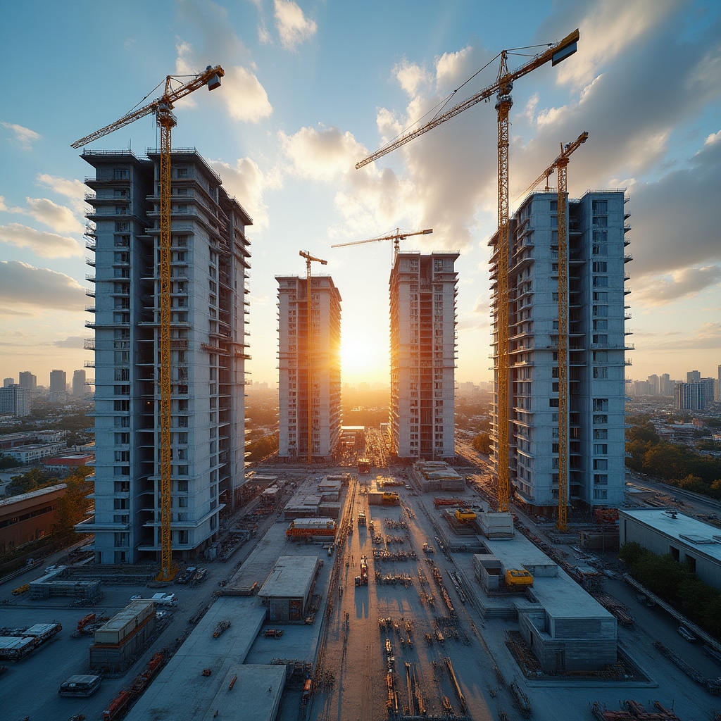 Wide view of modern real estate construction project with multiple buildings under development
