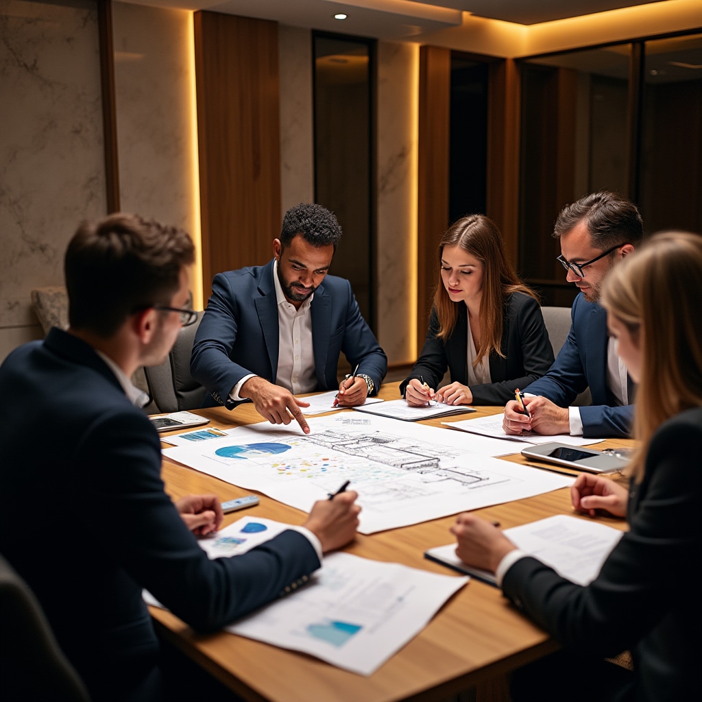 Diverse team of professionals collaborating on real estate investment risk analysis with documents and technology