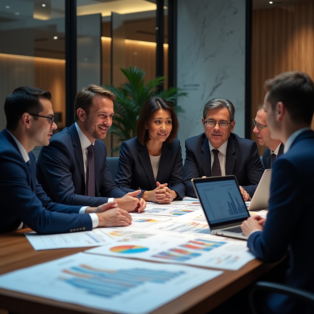 Professional workspace with financial charts and real estate analysis documents