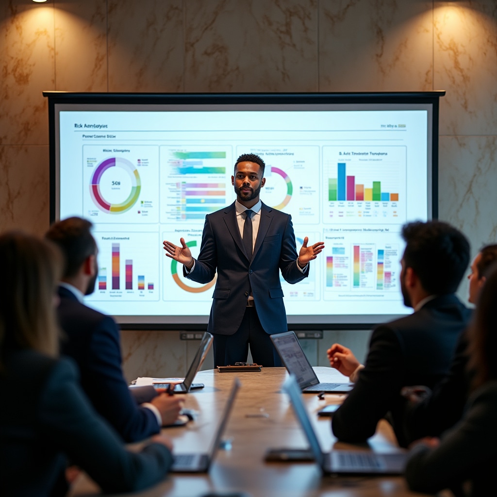 Professional presenting comprehensive risk analysis framework to engaged business audience