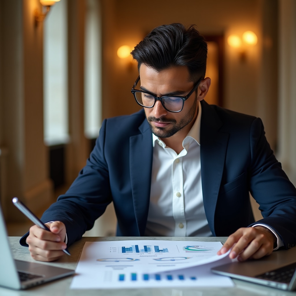 Professional financial analyst reviewing real estate investment documents in modern office