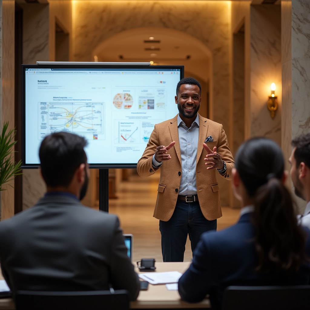 Education specialist presenting investment risk concepts to diverse professional audience