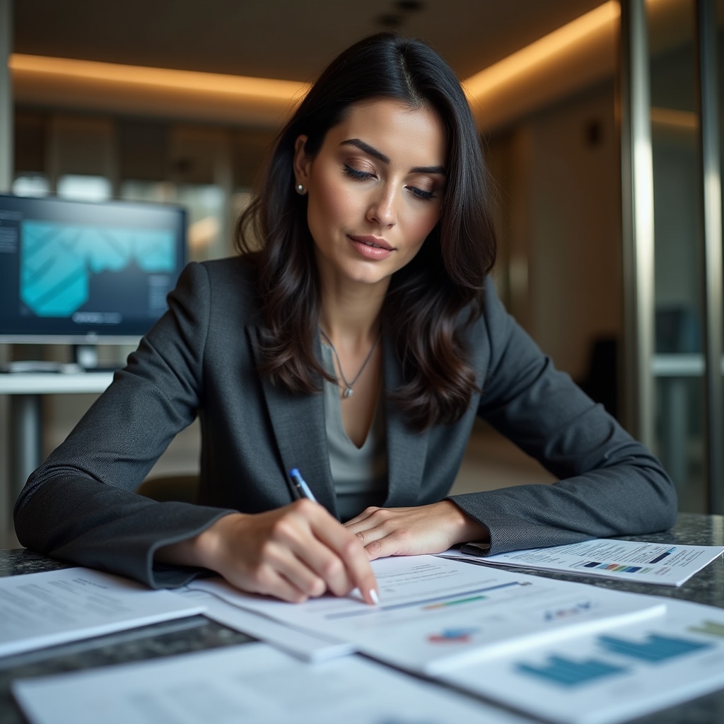 Financial researcher analyzing market data and regulatory documents